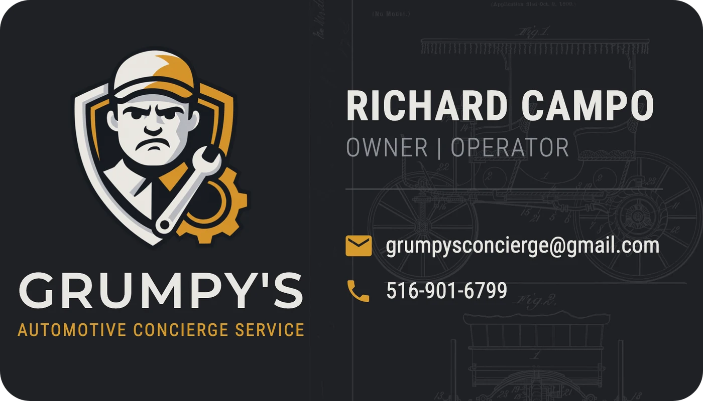 Rich Campo's business card: Grumpy's Automotive Concierge Service, Richard Campo, Owner | Operator, grumpysconcierge@gmail.com, 516-901-6799