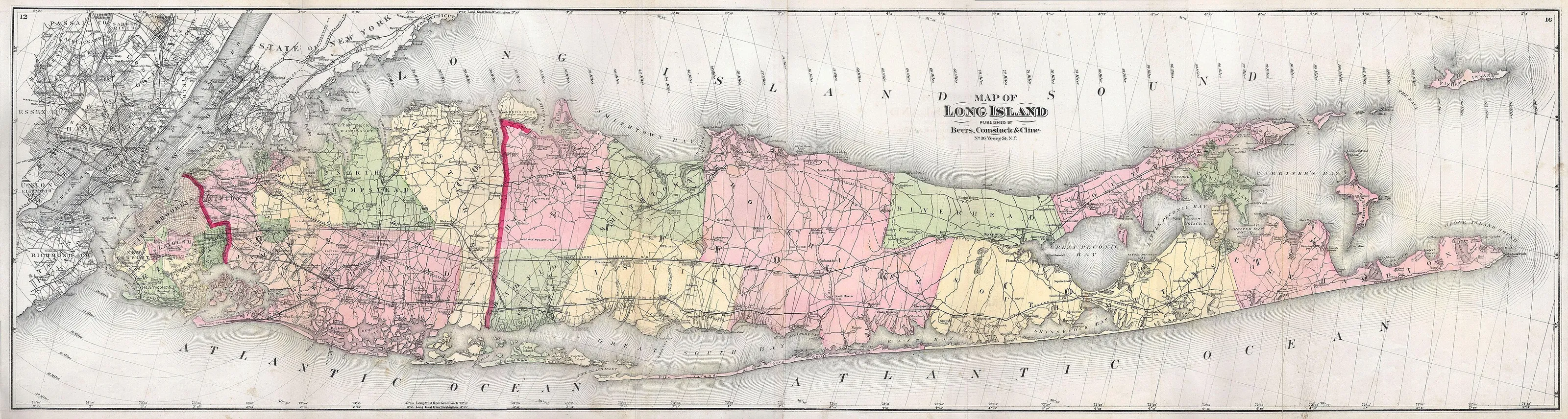 Beers' 1873 wall map of Long Island, from New York City east to Montauk