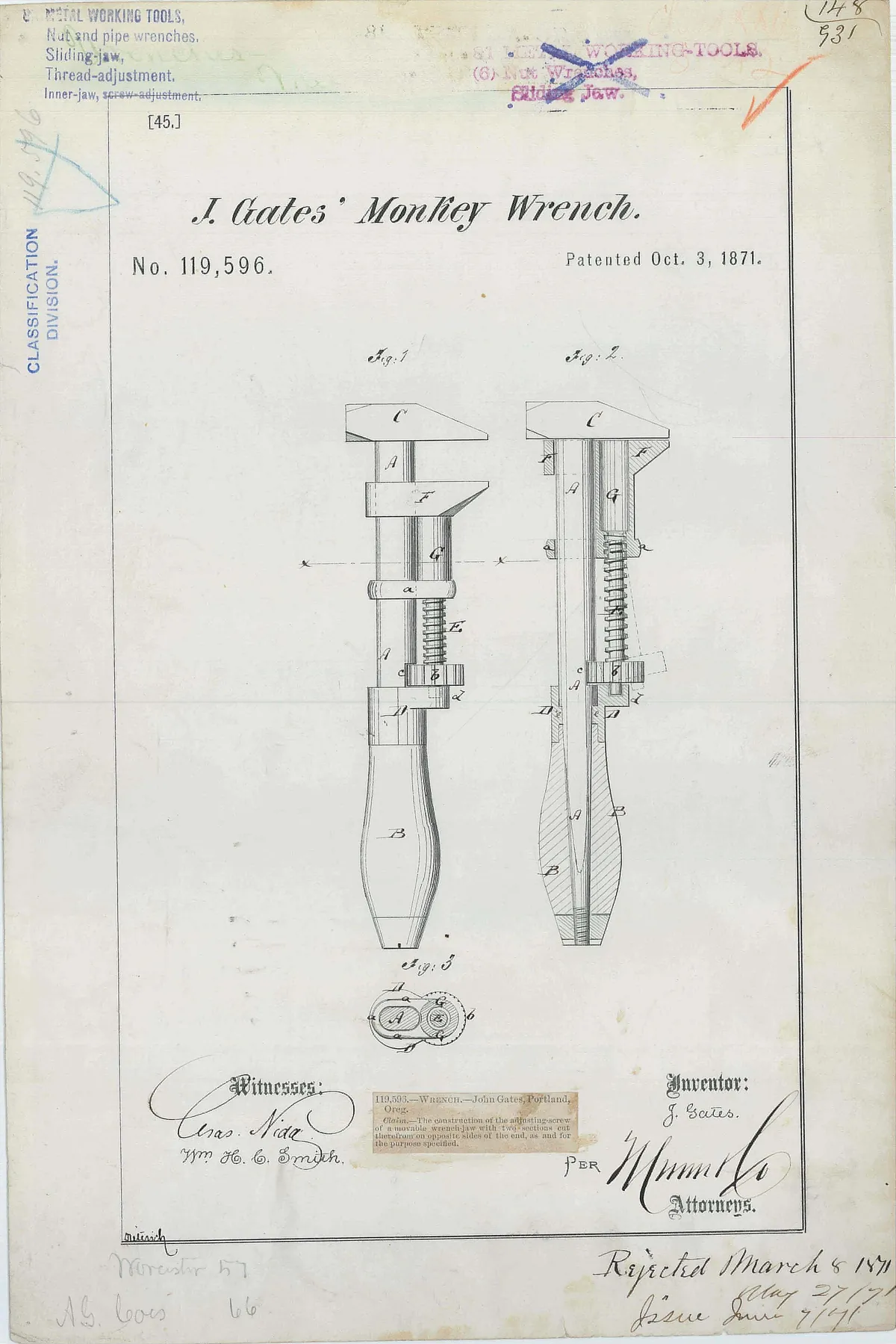 Patent drawing of J. Gates' monkey wrench, 1871