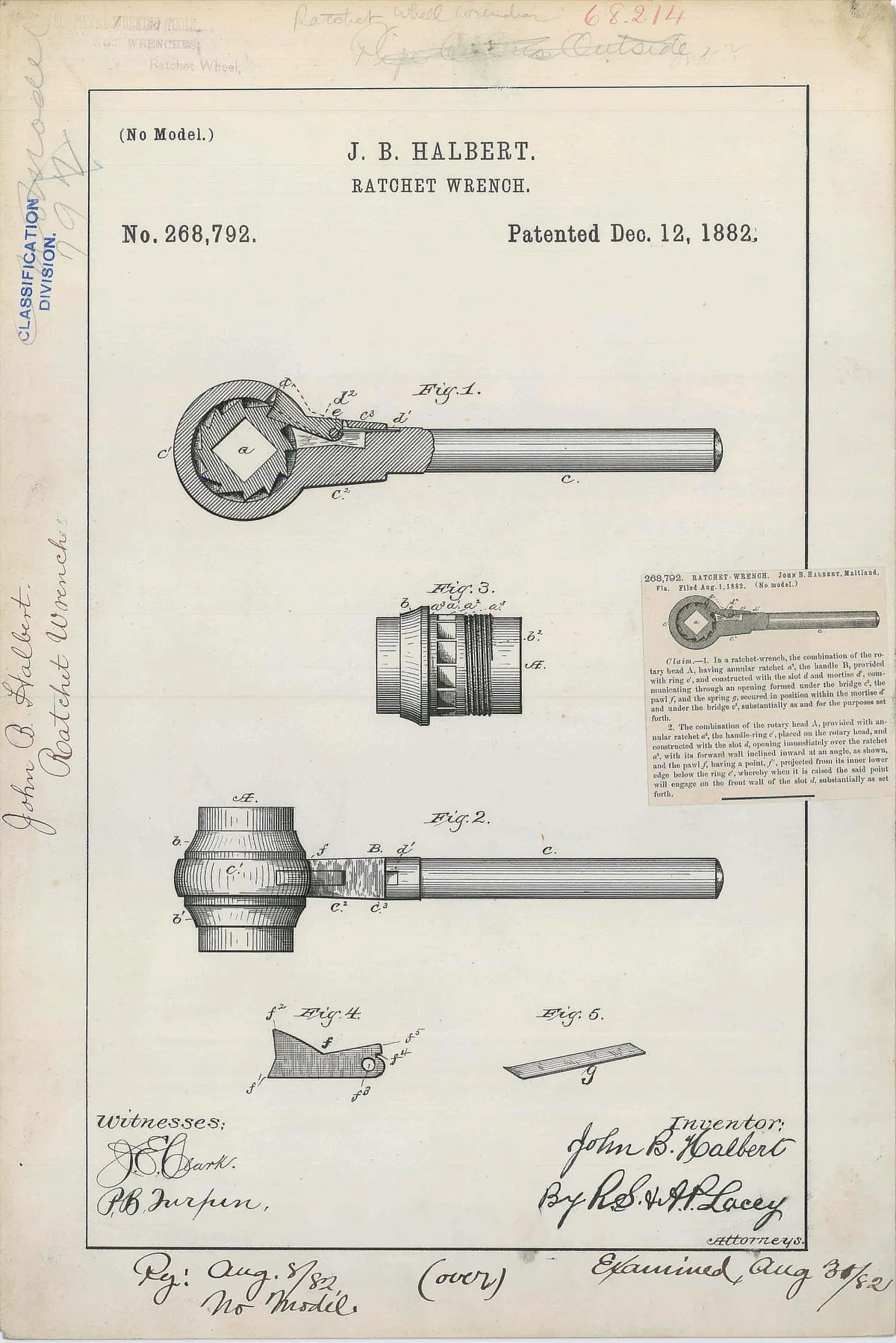 Patent drawing of J. B. Halbert's ratchet wrench, 1882