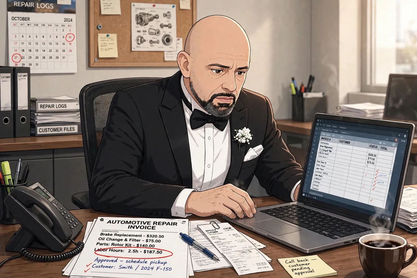 Rich in his tuxedo at his desk, auditing a repair invoice